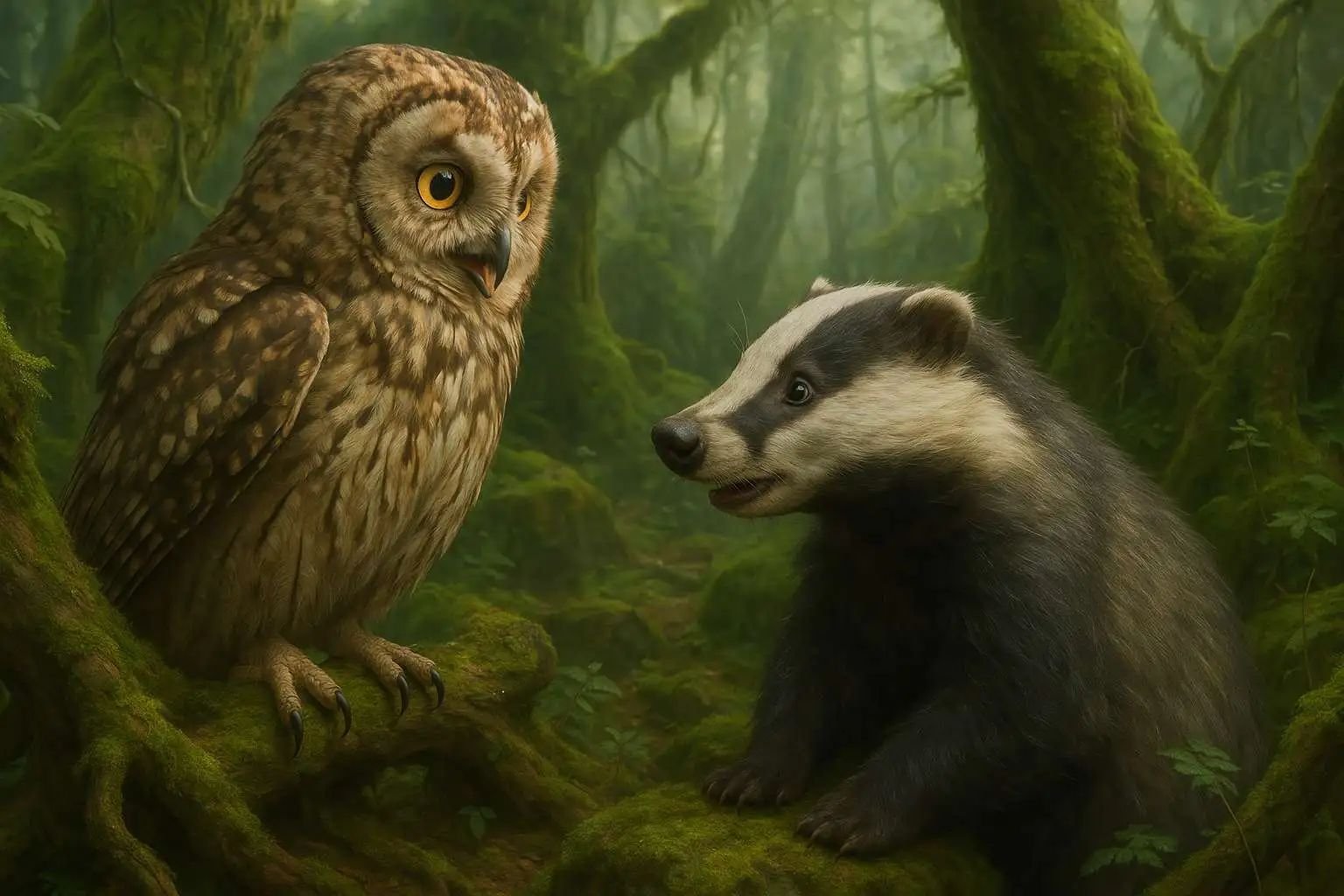 猫头鹰与獾在森林中对话的超现实视频截图
