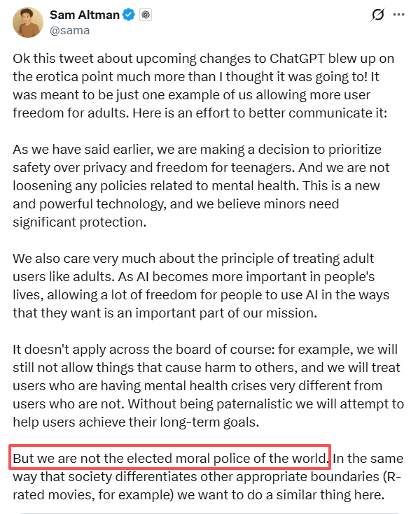 解禁成人内容？奥特曼：OpenAI 不愿成为世界道德警察