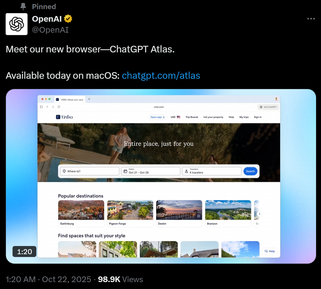 OpenAI 发布首个 AI 浏览器 ChatGPT Atlas！谷歌最怕的来了 