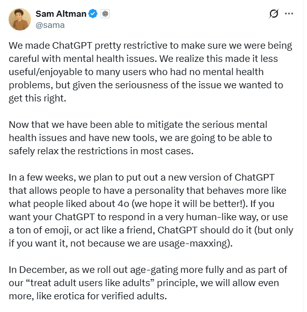 解禁成人内容？奥特曼：OpenAI 不愿成为世界道德警察