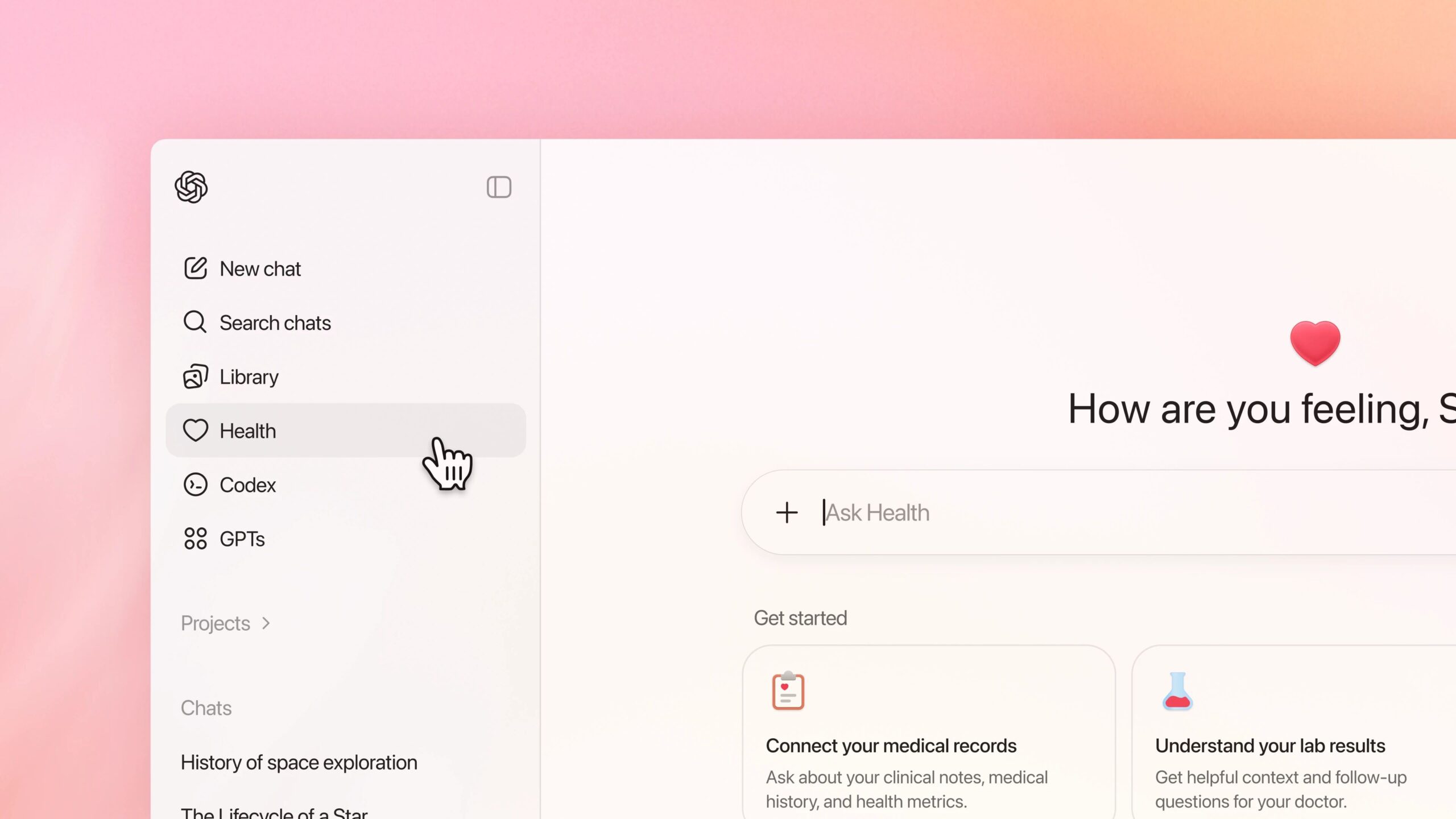 桌面版 ChatGPT 介面，左侧边栏包含新聊天、搜索聊天、库、健康（高亮）、Codex 和 GPT 等导航项。主面板显示“健康”视图，包含询问用户感受的提示，以及连接医疗记录或解读化验结果的选项。