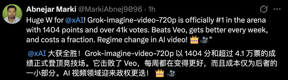 图片[3]-46.5万次盲测封王！Grok视频模型屠榜Arena，谷歌最强对手来了-AI Express News