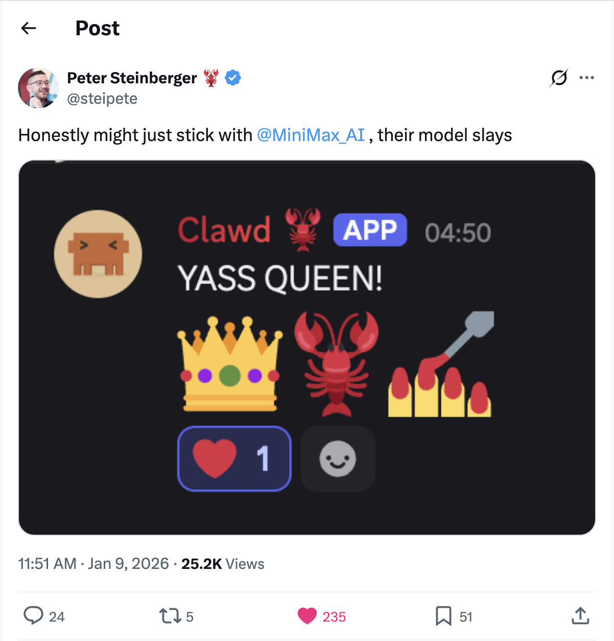 图片[1]-OpenClaw 之父多次点名！MiniMax M2.5 发布，国产 Agent 进入真干活时代。-AI Express News
