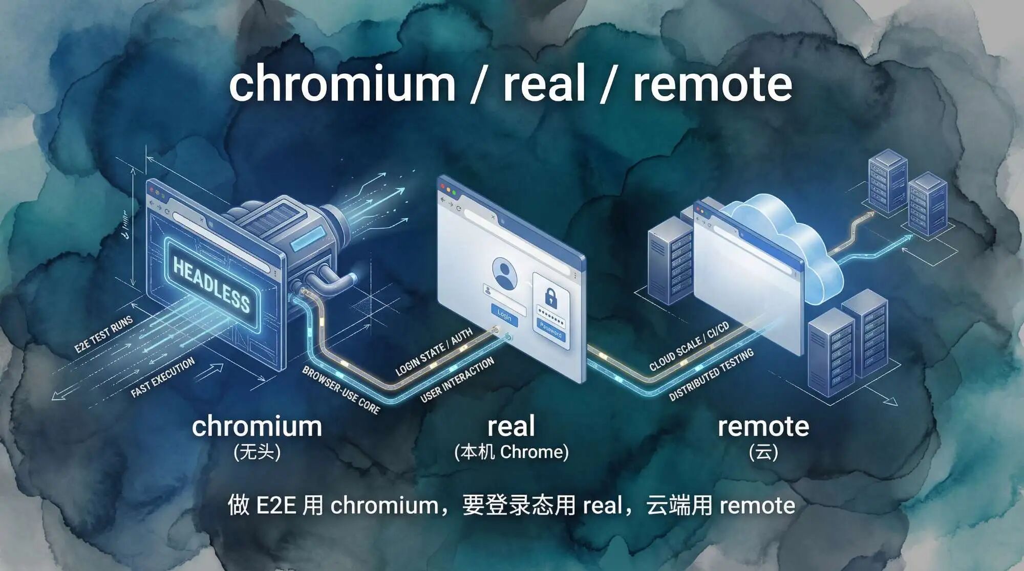 三种浏览器模式：chromium / real / remote
