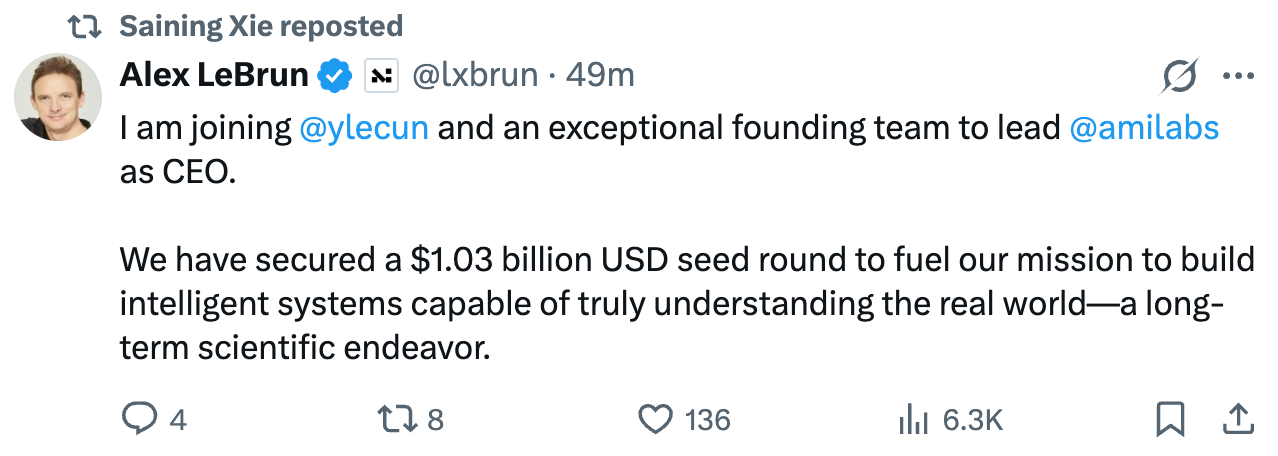 图片[3]-种子轮10.3亿美元！谢赛宁加入，LeCun的世界模型公司太吸金了-AI Express News