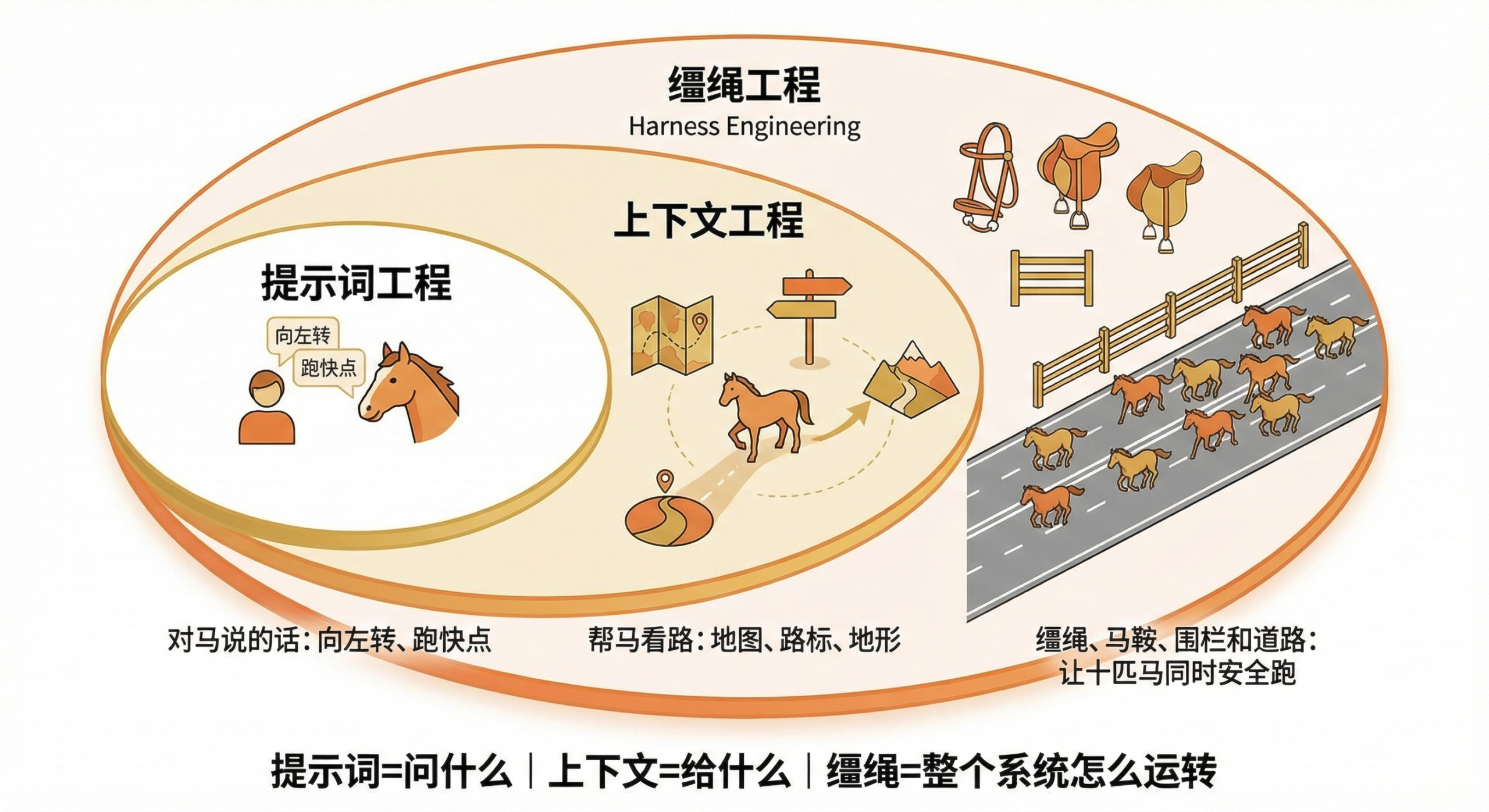 Prompt → Context → Harness 三层递进关系图